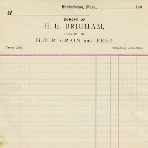 Vintage boekhoudkundige grootboekpagina afdrukbare kortstondige Brigham bloem graan en diervoeder factuur digitale download commercieel gebruik JPG-formaat