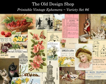 Set 6 Vintage Ephemera Printable Variety Pack Digital Download Collage Sheets and Individual Illustrations