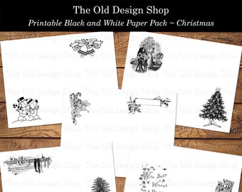 Vintage Christmas Printable Junk Journal Paper Pack Ink Saving Black and White Plus Coffee Dyed Backgrounds Christmas Paper Digital Download