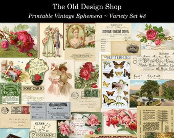 Set 8 Vintage Ephemera Printable Variety Pack Digital Download Collage Sheets and Individual Illustrations