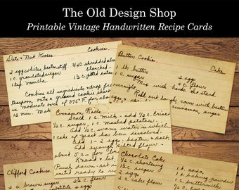 Handwritten Vintage Recipe Cards Printable Cake Cookie Cookbook Journal Cards Digital Download