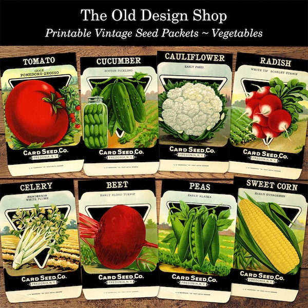 Printable Vintage Vegetable Seed Packets Commercial Use JPG Digital Collage Sheet and Individual PNG Images