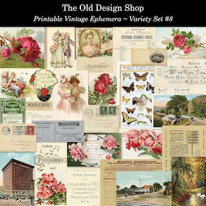 Set 8 Druckbare Ephemera Vintage Grafiken Junk Journal Ephemera Kit Kartenherstellung Digitaler Download JPG-Format Einzelne Dateien enthalten