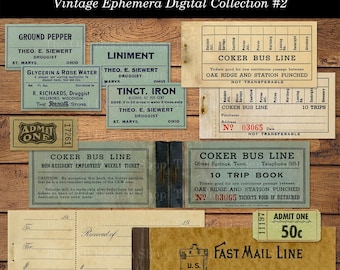 May include: Vintage ephemera collection featuring a variety of tickets, receipts, and labels. The collection includes a Coke Bus Line ticket, a Fast Mail Line receipt, and a ticket for admission to an event for 50 cents. The tickets are printed on paper with a vintage design and feature a variety of colors, including red, blue, green, and yellow.