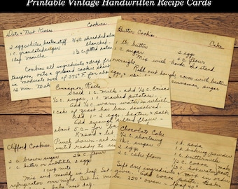 Handwritten Vintage Recipe Cards Printable Cake Cookie Cookbook Journal Cards Digital Download Cooking Ephemera Recipe Junk Journal Ephemera