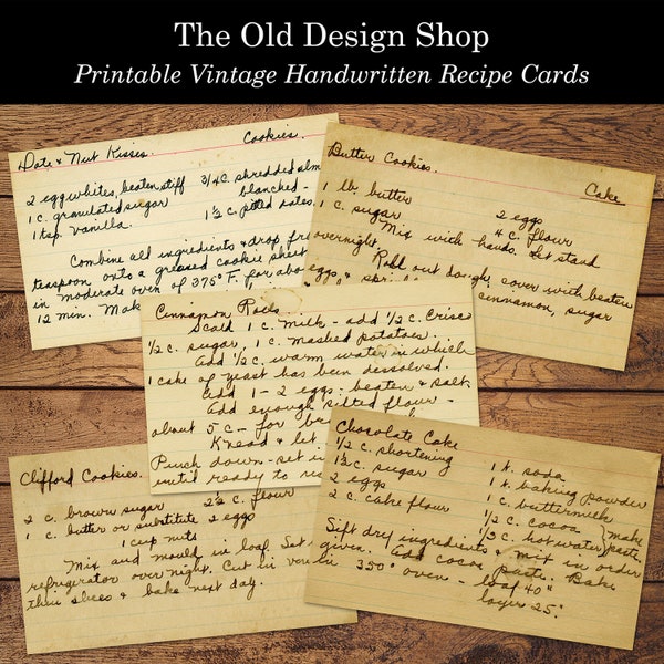 Handwritten Vintage Recipe Cards Printable Cake Cookie Cookbook Journal Cards Digital Download