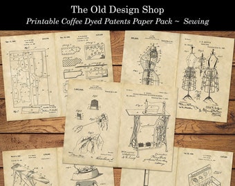 Printable Vintage Patents Paper Pack Sewing Themed Coffee Dyed PLUS Ink Saving Black and White Digital Download