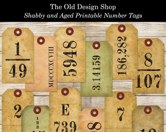 Shabby and Aged Number Tags Printable Vintage Style Digital Collage Sheet JPG Format Individual PNG Files Included