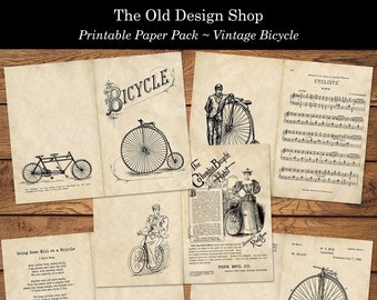 Vintage Bicycle Printable Junk Journal Paper Pack Ink Saving Black and White Plus Coffee Dyed Backgrounds Bicycle Papers Digital Download