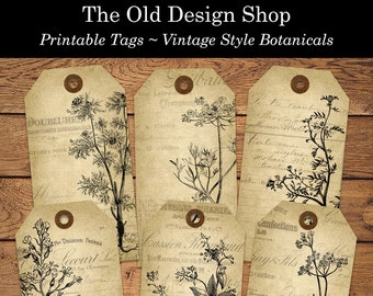 Botanical Printable Tags Vintage Style Digital Collage Sheet JPG Format Individual PNG Files Included