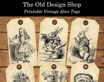 Alice in Wonderland Printable Tags Vintage Style Digital Tag Set JPG Plus Individual PNG Files Junk Journal Ephemera Cardmaking Supply