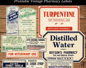 Etichette per farmacie stampabili, etichette vintage, fogli di collage digitali da scaricare e illustrazioni individuali, uso commerciale