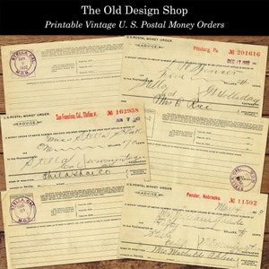 Giros postales de EE. UU. imprimibles, documentos antiguos, efímeras imprimibles para diarios basura, fabricación de tarjetas, álbumes de recortes, uso comercial, JPG