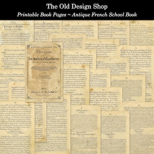 Antike französische Schulbuchseiten handgeschriebene Schriftarten Shabby Grungy druckbare Hintergründe Collage Papiere Digitaler Download JPG-Format