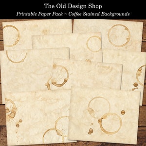 Paquete de papel imprimible con texturas de manchas de café, páginas de fondo, diseño horizontal de 8,5 x 11 pulgadas, descarga digital