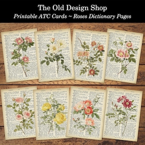 Afdrukbaar woordenboek ATC Roses Journal Cards Junk Journal Ephemera Cardmaking Supply Neutral Ephemera Mini Papers Digitale download JPG-bestand