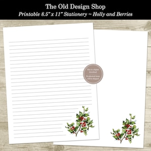 Afdrukbaar kerstbriefpapier Hulst en bessen Merry Christmas 8,5 x 11 inch schrijfpapier voor briefschrijver penvriend digitaal download pdf-bestand