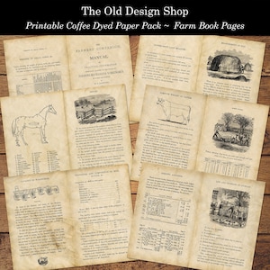 Printable Farm Junk Journal Signature Pages Ink Saving Black-and-White Plus Coffee Dyed Printable Vintage Farm Journal Book Digital Download