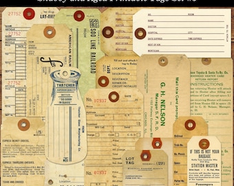 Shabby and Aged Tags Set 3 Printable Vintage Layaway Toe Tag Railway Tags for Junk Journals Cardmaking Supply JPG Format plus Individual PNG