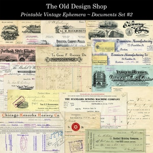 Conjunto de documentos vintage 2 faturas efêmeras para impressão, recibos, cheques, download digital em inglês