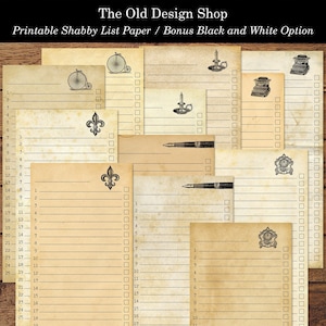 May include: Printable shabby chic list paper with vintage illustrations. The paper features a variety of designs, including a bicycle, a candle, a typewriter, and a fleur-de-lis. The paper is perfect for making to-do lists, grocery lists, or any other type of list.