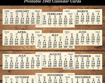 Tarjetas de calendario de 1942, hoja imprimible de collage de efímeros vintage, descarga digital