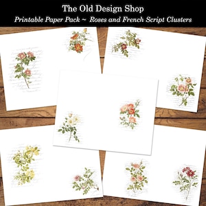 May include: Printable paper pack with six different designs featuring delicate pink, white, and yellow roses with green leaves on a white background with faint gray script.