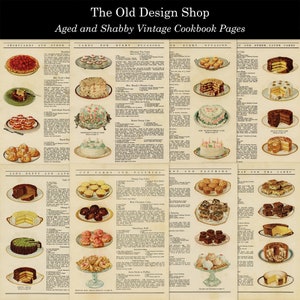 Vintage åldrad och shabby 8 kokbokssidor bakillustrationer och recept köksgrafik kommersiell användning digital nedladdning JPG-format