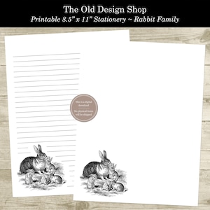 May include: Printable stationery featuring a black and white illustration of a rabbit family. The text "The Old Design Shop" and "Printable 8.5" x 11" Stationery ~ Rabbit Family" is at the top of the page.