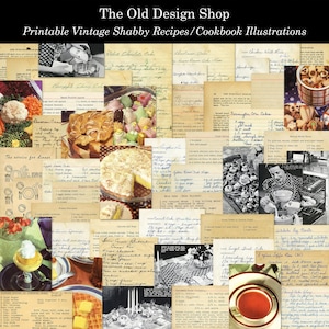 Receitas antigas e antigas e ilustrações de livros de receitas para impressão, folhas de colagem digital de coisas efêmeras para cozinhar vintage