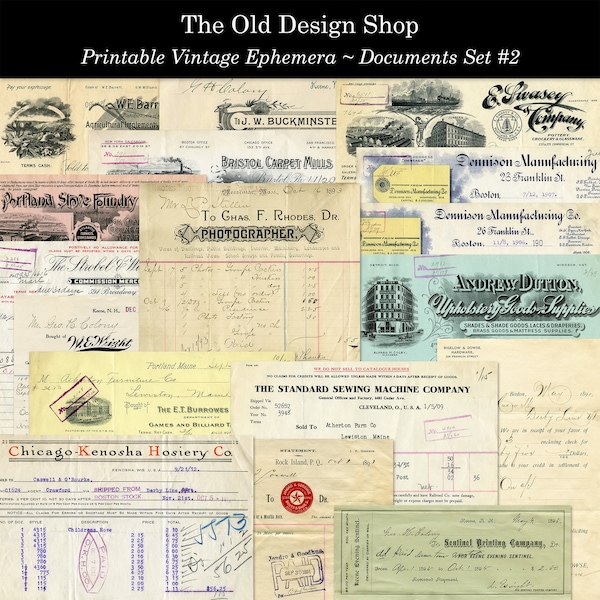 Vintage Documents Set 2 Printable Ephemera Invoices Receipts Checks Cheques English Language Digital Download