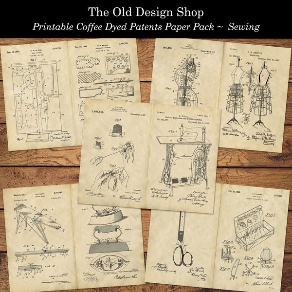 Printable Vintage Patents Paper Pack Sewing Themed Coffee Dyed PLUS Ink Saving Black and White Digital Download