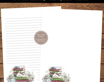Stack of Books Printable Watercolor Book Letter Writing Notepaper Stationery Lined and Unlined Paper US Letter Stationary Digital Download