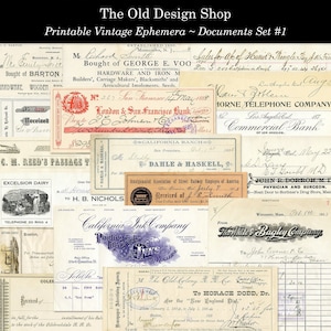 Vintage Dokumente Set 1 Druckbare Ephemera Rechnungen Quittungen Tickets Schecks Schecks Englische Sprache Digital Download Collage Sheets