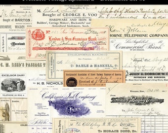 Vintage Documents Set 1 Printable Ephemera Invoices Receipts Tickets Checks Cheques English Language Digital Download Collage Sheets
