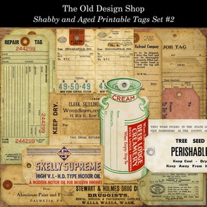 Schäbige und gealtert Tags Set 2 druckbare Vintage Creamery Reparatur Eisenbahn Tags für Junk Journals Cardmaking Versorgung JPG Format plus individuelle PNG
