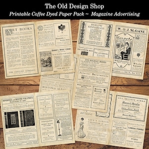 Anúncios de revistas vintage, assinaturas de diário para impressão, economia de tinta, preto e branco, mais pacote de papel tingido com café, download digital