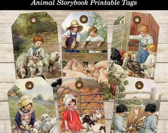 Printable Vintage Farm Animal Storybook Tags for Junk Journals, Digital Download