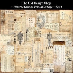 Neutrale grunge-tag set 4 armoedige grunge-tags afdrukbare kortstondige tags Junk Journal Supply Card Making Supply Digitale download Ephemera JPG, PNG