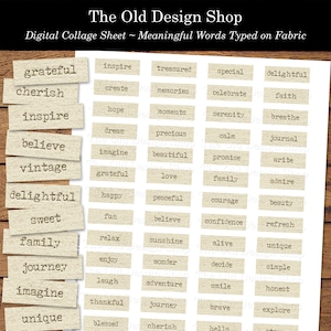 Étiquettes imprimables Mots significatifs dactylographiés sur tissu numérique Mini étiquettes de texte Ephémères neutres pour journaux indésirables Fourniture de fabrication de cartes JPG numérique