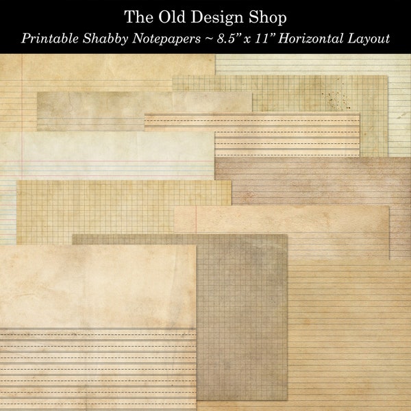 Printable Shabby Aged Grunge Notepapers 8.5 x 11 Inch Horizontal Layout Lined and Graph Paper Pack Digital Download