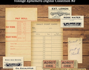 May include: Vintage ephemera digital collection featuring a pay roll sheet, a daily cost card, a rose water label, a boric acid crystal label, an oil eucalyptus label, and two admit one tickets. The collection is in a vintage style with a yellowed paper background and red and black text.