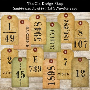 Shabby und gealtert Anzahl Tags druckbare Vintage Style Digital Collage Sheet JPG-Format Individuelle PNG-Dateien enthalten
