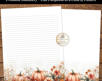 Printable Fall Pumpkins Letter Writing Stationery Autumn Pumpkins in a Field of Flowers Penpal Stationary Lined & Unlined Digital Download