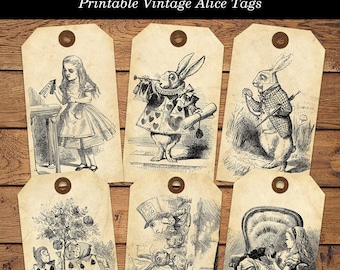 Alice in Wonderland Printable Tags Vintage Style Digital Tag Set JPG Plus Individual PNG Files Junk Journal Ephemera Cardmaking Supply