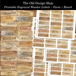 Puede incluir: Un conjunto de etiquetas de madera imprimibles con un tema rústico de granja. Las etiquetas presentan varias palabras relacionadas con la vida en la granja y el rancho, como "Casa de campo", "Vaquero", "Granero", "Pasto azul", "Miel", "Abejas", "Vintage", "Valla", "Camino de tierra", "Silla de montar", "Jardinería", "Mermelada", "Pollo", "Pradera", "Interior", "Casa de campo", "Camino", "Salón", "Granero", "Establo", "Pala", "Semillas", "Huevos frescos", "Ordeño", "Ganado", "Toro", "Perro", "Trigo", "Arado", "Gato", "Avena", "Combinar", "Gallo", "Cebada", "Cosecha", "Gallina", "Caballo", "Silla de montar", "Cabalgata", "Pollito", "Pavo", "Gamuza", "Cuero", "Mezclilla".