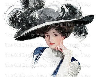 Harrison Fisher Victorian Lady with Large Black Hat Vintage Lady Graphics for Cardmaking Junk Journals Commercial Use Digital Download JPG