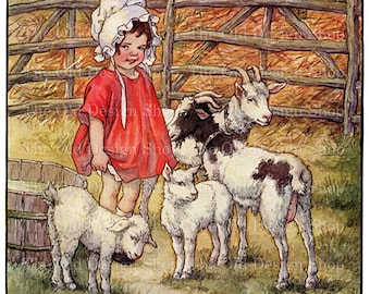 Girl and Kids Goats Vintage Storybook Farm Animal Printable Art Clara M Burd Illustration Commercial Use Digital Download JPG Image