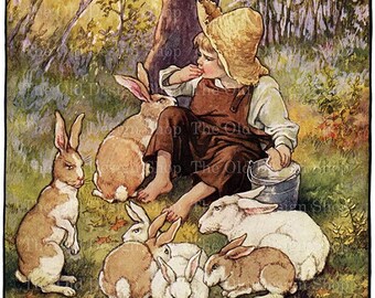 Printable Storybook Art Boy and Bunny Rabbits Farm Animal Illustration Commercial Use Digital Download JPG Image