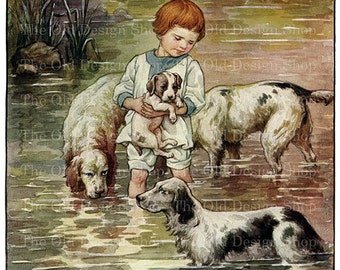 Boy with Puppy and Dogs in Water Vintage Farm Storybook Illustration Commercial Use Digital Download JPG Image